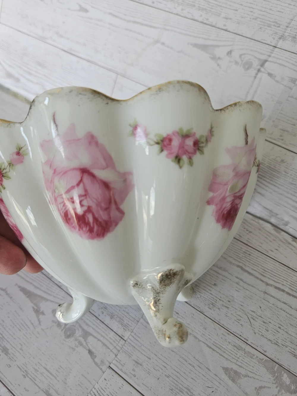 Antique Schwarzburg Germany Footed Porcelain Bowl - Pink Bridal Rose -